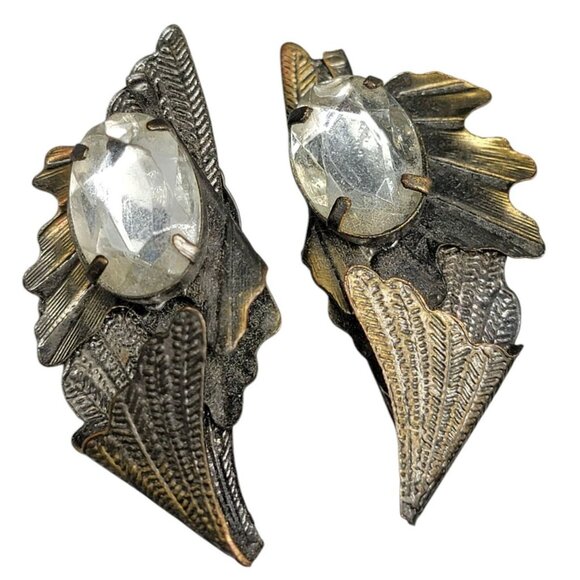 Winged Large Rhinestone Clip On Earrings Artisan Steampunk Gold-Brown Vintage - Picture 2 of 8